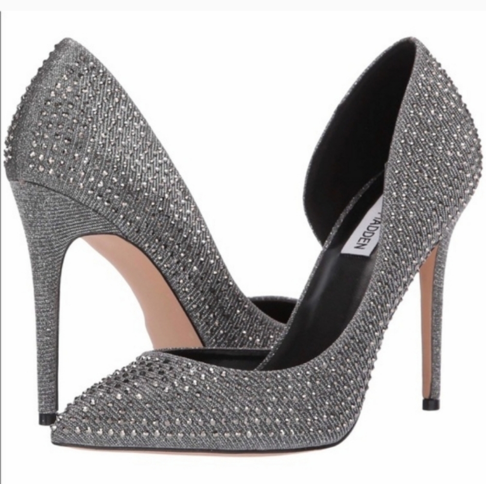STEVE MADDEN Silver Rhinestone Shimmer Proper Rockstar Gunmetal Gray Heels 5.5